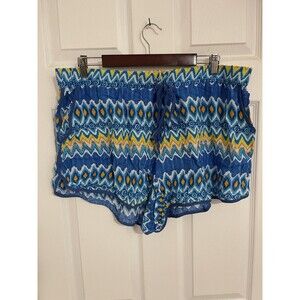 New Look Shorts Womens 2X Plus Blue Yellow Boho Ikat Chevron Summer Festival